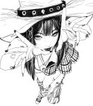 1girl bangs breasts cleavage fingernails from_above greyscale hat heo_sung-moo highres jewelry looking_at_viewer looking_up medium_breasts mole_on_nose monochrome necklace open_hands open_mouth original sharp_fingernails solo tube_socks white_background witch witch_hat 