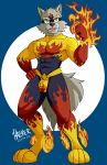  abs anthro bulge canid canine canis clothing costume domestic_dog fire fur green_eyes grey_body grey_fur hazker hi_res male mammal mask simple_background solo superhero 