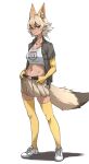  1girl absurdres animal_ear_fluff animal_ears bangs beige_skirt belt breasts collarbone commentary coyote_(kemono_friends) coyote_ears coyote_girl coyote_tail crop_top elbow_gloves extra_ears eyebrows_visible_through_hair full_body gloves gradient_hair hair_between_eyes hands_on_hips highres kemono_friends light_brown_hair medium_breasts midriff multicolored_hair navel pleated_skirt shoes short_hair short_sleeves simple_background skirt sneakers solo standing tail tanabe_(fueisei) thighhighs white_background white_footwear white_hair yellow_eyes yellow_gloves yellow_legwear zettai_ryouiki 