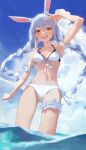  1girl :d absurdres animal_ear_fluff animal_ears arm_garter arm_up bangs bare_shoulders bikini blue_hair blush braid cloud cloudy_sky day eyebrows_visible_through_hair highres hololive leg_garter long_hair looking_at_viewer modare outdoors rabbit_ears red_eyes round_teeth shading_eyes short_eyebrows sky smile solo swimsuit teeth thick_eyebrows twin_braids twintails upper_teeth usada_pekora very_long_hair virtual_youtuber wading water white_bikini white_hair 