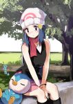  1girl :o bare_arms bare_shoulders beanie black_footwear black_shirt blue_eyes blue_hair blush boots closed_eyes commentary_request dawn_(pokemon) day feet_out_of_frame hair_ornament hairclip hat highres horizon lamb_(hitsujiniku) long_hair outdoors parted_lips pink_skirt piplup pokemon pokemon_(game) pokemon_dppt shirt sitting skirt sleeping sleeping_on_person sleeveless sleeveless_shirt tree very_long_hair white_headwear zzz 
