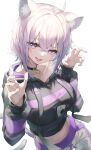  1girl absurdres animal_ear_fluff animal_ears black_choker black_jacket breasts choker collarbone eyebrows_visible_through_hair fingernails hair_between_eyes highres hololive jacket large_breasts long_sleeves looking_at_viewer midriff myung_yi navel nekomata_okayu open_mouth purple_eyes purple_hair short_hair simple_background smile solo tongue tongue_out virtual_youtuber white_background 