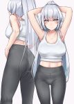  1girl absurdres adjusting_hair black_pants blush breasts closed_mouth collarbone eyebrows_visible_through_hair fuyutsuki_(kancolle) grey_background grey_eyes highres kantai_collection kiritto long_hair medium_breasts multiple_views navel pants silver_hair smile solo tank_top white_tank_top 