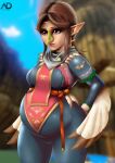  anthro armor arrowdark avian beak belly big_belly blurred_background clothing feathers female hair hi_res humanoid hybrid long_hair looking_away medli nintendo nose_beak pregnant pregnant_female rito scarf smile solo the_legend_of_zelda tight_clothing video_games wind_waker winged_arms wings 
