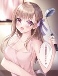  1girl :d apron bangs bare_arms bare_shoulders blurry blurry_background bow breasts brown_hair cleavage collarbone commentary_request depth_of_field eyebrows_visible_through_hair hair_bow hand_up highres holding indoors kohinata_hoshimi ladle long_hair looking_at_viewer medium_breasts naked_apron original pink_apron purple_bow red_eyes smile solo translation_request 