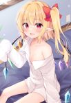  1girl :d arm_up bangs bare_shoulders blonde_hair blush breast_pocket breasts cable collarbone collared_shirt commentary_request crystal electric_socket eyebrows_visible_through_hair eyelashes fang flandre_scarlet hair_ribbon highres long_sleeves looking_at_viewer miy@ multicolored_wings on_bed one_side_up open_mouth pocket pointy_ears red_eyes red_ribbon ribbon shirt short_hair sitting sleeves_past_fingers sleeves_past_wrists slit_pupils small_breasts smile solo thighs touhou twitter_username white_shirt wing_collar wings 