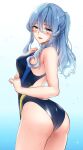  1girl alternate_costume ass blue_eyes blue_hair blue_swimsuit breasts competition_swimsuit covered_nipples cowboy_shot gotland_(kancolle) highleg highleg_swimsuit kantai_collection large_breasts long_hair mole mole_under_eye nanashiki_fuuka one-piece_swimsuit ponytail sidelocks solo standing swimsuit wet 