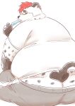  2022 anthro belly big_belly black_body bottomwear butt clothing eating eyewear felid glasses hi_res kemono male mammal obese obese_male osmarchen3 overweight overweight_male pants shirt simple_background sitting solo topwear white_background white_body 