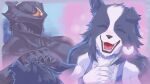  blush border_collie canid canine canis collie dandelion domestic_dog duo eyes_closed flower head_pat herding_dog humanoid male mammal muscular open_mouth pastoral_dog petting plant sheepdog smile widescreen zero_winchester 
