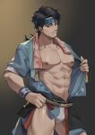  1boy abs absurdres aussummer bangs bara bare_pectorals black_hair blue_eyes blue_headband blue_robe bulge character_request collarbone commentary_request cowboy_shot facial_hair floral_print fundoshi goatee gradient gradient_background headband highres japanese_clothes large_pectorals light_smile looking_at_viewer male_focus medium_hair muscular muscular_male nipples nose onmyoji open_clothes parted_bangs pectorals robe solo standing undressing wristband 