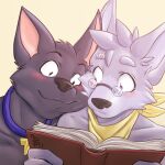  absurd_res anthro bandanna_on_neck blush book canid canine canis collar coughee_aholic domestic_dog duo eyewear fox_(housepets!) glasses hi_res housepets! male mammal mungo_(housepets!) romantic romantic_couple webcomic 