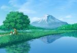  blue_sky cloud cloudy_sky commentary_request day grass highres ikuradonhaseig1 lake landscape mountain nature no_humans original outdoors reflection road scenery sky tree 
