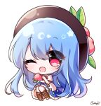  1girl artist_name black_headwear blue_hair blue_skirt blush boots brown_footwear eyebrows_visible_through_hair food fruit hair_between_eyes hat highres hinanawi_tenshi holding holding_food holding_fruit long_hair one_eye_closed open_mouth peach pudding_(skymint_028) puffy_short_sleeves puffy_sleeves rainbow_order red_eyes shirt short_sleeves signature simple_background skirt smile solo touhou white_background white_shirt 