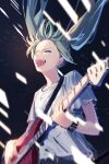  1girl :d absurdres closed_eyes commentary_request electric_guitar forehead green_hair guitar hatski.sin hatsune_miku highres holding holding_instrument instrument long_hair music playing_instrument shirt short_sleeves smile solo twintails v-shaped_eyebrows vocaloid white_shirt 