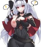  1girl ? @_@ arm_up bangs black_dress blush breasts cape dress eyebrows_visible_through_hair guardian_tales half_vampire_priscilla highres horns large_breasts long_hair looking_at_viewer nipples p_(user_twhe8523) red_eyes silver_hair single_horn speech_bubble white_background 