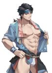  1boy abs absurdres aussummer bangs bara bare_pectorals black_hair blue_eyes blue_headband blue_robe bulge character_request collarbone commentary_request cowboy_shot facial_hair floral_print fundoshi goatee headband highres japanese_clothes large_pectorals light_smile looking_at_viewer male_focus medium_hair muscular muscular_male nipples nose onmyoji open_clothes parted_bangs pectorals robe simple_background solo standing undressing wristband 