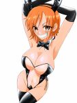  1girl absurdres animal_ears armpits arms_up breasts earrings highres jewelry large_breasts midriff nami_(one_piece) one_piece opalisart orange_eyes orange_hair playboy_bunny rabbit_ears see-through short_hair smile solo tattoo thighhighs 