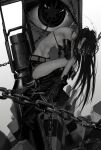  1girl arm_support belt bent_over bikini bikini_top_only black_rock_shooter black_rock_shooter_(character) boots breasts chain disembodied_eye elbow_gloves eye_focus flaming_eye from_side gloves greyscale hair_behind_ear highres huge_weapon kaaaa369 leaning_forward linea_alba long_hair midriff monochrome ribbon ribs scar short_shorts shorts sitting skinny small_breasts solo stitches swimsuit weapon 
