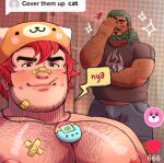  2boys bandaid bandaid_on_cheek bandaid_on_face bandaid_on_nose bara beard belly blush bulge chest_hair cover_them_up_slut_(meme) facepalm facial_hair fat fat_man green_hair grey_shorts hair_slicked_back hat highres large_pectorals looking_at_viewer male_focus meme midriff_peek momo_(imaboii666) mouth_hold multiple_boys muscular muscular_male navel navel_hair nipples nyan object_on_pectorals original pectoral_focus pectorals red_hair short_hair shorts solo thick_eyebrows topless_male upper_body 