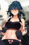  1girl alternate_hairstyle bangs blue_eyes blue_hair blush breasts byleth_(fire_emblem) byleth_(fire_emblem)_(female) closed_mouth dumbbell exercise fire_emblem fire_emblem:_three_houses gym highres large_breasts looking_at_viewer medium_hair navel octoboo pants ponytail sports_bra sweat weightlifting weights yoga_pants 