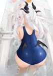  1girl ass bat_wings bathtub black_horns blue_archive blue_swimsuit dema_hmw from_behind highres hina_(blue_archive) horns long_hair looking_at_viewer looking_back low_wings one-piece_swimsuit partially_submerged purple_eyes school_swimsuit solo swimsuit water wet wet_hair white_hair wings 