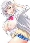  1girl absurdres alternate_costume azur_lane belfast_(azur_lane) blue_skirt bow braid breasts cardigan cardigan_around_waist center_opening clothes_around_waist collared_shirt covered_nipples eyebrows_visible_through_hair french_braid from_side gachishizyou gyaru highres kogal large_breasts long_hair looking_at_viewer looking_to_the_side microskirt open_mouth pink_bow plaid plaid_skirt purple_eyes school_uniform see-through_shirt shirt silver_hair simple_background skirt solo very_long_hair white_background 
