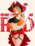  1girl absurdres breasts cleavage gloves hat highres large_breasts long_hair midriff nami_(one_piece) one_piece opalisart orange_eyes orange_hair pirate pirate_hat red_skirt skirt smile solo tattoo thighhighs white_gloves 