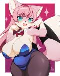  2022 5_fingers anthro bat_wings big_breasts blush breasts canid canine claws cleavage clothed clothing cute_fangs dipstick_tail female finger_claws fingers fox fur gloves_(marking) green_eyes hair hi_res huge_breasts kemono long_hair looking_at_viewer mammal markings membrane_(anatomy) membranous_wings multicolored_tail open_mouth pink_body pink_fur pink_hair shirokoma short_stack signature solo tail_markings thick_thighs tongue white_body white_fur wide_hips wings 