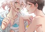  2boys :d bangs brown_hair collarbone commentary_request danganronpa_(series) danganronpa_2:_goodbye_despair danganronpa_s:_ultimate_summer_camp grey_background grey_eyes grey_hair grey_hoodie hair_between_eyes hand_up hinata_hajime holding hood hood_down hoodie komaeda_nagito looking_at_viewer midori_(310ri_21) multiple_boys profile shiny shiny_skin short_hair sideways_glance simple_background smile spoon teeth tongue tongue_out upper_teeth 