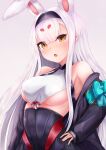  1girl absurdres animal_ears azur_lane bangs bare_shoulders black_hairband black_jacket blue_bow bow breasts brown_eyes commentary_request eyebrows_visible_through_hair gradient gradient_background grey_background hair_between_eyes hairband hand_on_hip highres jacket long_hair long_sleeves medium_breasts off_shoulder open_clothes open_jacket puffy_long_sleeves puffy_sleeves rabbit_ears ryara shimakaze_(azur_lane) sleeveless sleeves_past_wrists solo underboob very_long_hair white_background white_hair 