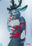  absurd_res anthro athletic athletic_anthro athletic_male biped black_antlers blue_body blue_fur blue_tail butt fur glistening glistening_eyes gloves_(marking) hi_res male markings orange_eyes oselotti scut_tail short_tail solo white_body white_fur 