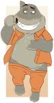  2022 anthro belly big_belly blush bottomwear clothed clothing dreamworks fish genitals grey_body hi_res male marine mr._shark_(the_bad_guys) open_clothing open_shirt open_topwear overweight overweight_male pants penis shark shirt simple_background solo tbid the_bad_guys topwear 