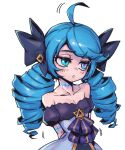  1girl ahoge arms_behind_back bangs bare_shoulders black_bow black_dress bow breasts collarbone dress drill_hair grey_background grey_dress gwen_(league_of_legends) hair_bow league_of_legends long_hair neck_tattoo phantom_ix_row shiny shiny_hair simple_background small_breasts solo tattoo twin_drills twintails 