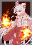 1girl absurdres arm_garter bangs black_background bow breasts bright_pupils buttons collared_shirt commentary_request eyebrows_visible_through_hair eyelashes feet_out_of_frame fire fujiwara_no_mokou grin hand_up highres long_sleeves looking_at_viewer medium_breasts multiple_bows ofuda ofuda_on_clothes outside_border pants puffy_short_sleeves puffy_sleeves pyrokinesis red_pants shiny shiny_hair shirt short_sleeves silver_hair smile solo suspenders touhou white_pupils white_shirt wing_collar wrist_cuffs zanasta0810 