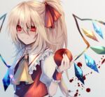  1girl absurdres apple ascot bangs blonde_hair blood blurry crystal depth_of_field flandre_scarlet food fruit gradient gradient_background grey_background hair_between_eyes hair_ribbon highres holding looking_at_viewer maho_moco no_hat no_headwear puffy_short_sleeves puffy_sleeves red_eyes red_ribbon red_vest ribbon shirt short_sleeves smile solo touhou upper_body vest wings wrist_cuffs 