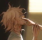  2boys brown_background brown_eyes danganronpa_(series) danganronpa_2:_goodbye_despair finger_in_another&#039;s_mouth from_side grey_hair hand_up komaeda_nagito light messy_hair multiple_boys profile shirt solo_focus tongue tongue_out upper_body white_shirt yandr4hope yaoi 