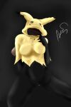  absurd_res anthro blush breasts dark_body erect_nipples female finger_to_mouth fur genitals grey_background hi_res medium_breasts mimikyu nintendo nipples pok&eacute;mon pok&eacute;mon_(species) pussy rusoide simple_background smile smiling_at_viewer solo video_games yellow_body yellow_fur 
