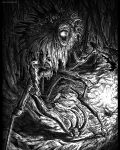  bluestraycatart fiddlesticks forest greyscale highres holding holding_scythe holding_weapon league_of_legends monochrome nature no_humans open_mouth outdoors scarecrow scythe sharp_teeth standing teeth tree weapon 