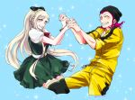  1boy 1girl bangs beanie black_bow black_headwear black_legwear bow bracelet braid collarbone danganronpa_(series) danganronpa_2:_goodbye_despair den1208 dress eyebrows_visible_through_hair from_side green_background green_dress grin hair_bow hands_up hat holding_hands jewelry jumpsuit puffy_short_sleeves puffy_sleeves sharp_teeth shiny shiny_clothes short_sleeves smile sonia_nevermind souda_kazuichi sparkle teeth thighhighs yellow_jumpsuit 