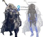  2022 anthro armor blaidd_(elden_ring) canid canine canis cape clothed clothing comparing dr.whiger elden_ring english_text eyebrows fromsoftware fur hi_res humor male mammal melee_weapon nude scar sheathed_weapon simple_background solo standing stilts sword text translucent translucent_clothing tuft video_games watermark weapon white_background wolf 