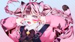  1girl animal_(vocaloid) animal_ear_fluff animal_ears bandaid bandaid_on_face bandaid_on_nose bangs braid brown_hair cat_ears eyebrows_visible_through_hair facepaint fang floating_hair highres indie_virtual_youtuber kemonomimi_mode long_hair looking_at_viewer mole mole_under_eye mu_yume multicolored_hair open_hands overalls pink_hair pink_sweater purple_eyes skin_fang sleeves_past_wrists solo streaked_hair sweater twin_braids virtual_youtuber xoco_(vtuber) 