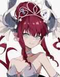  1girl bangs bare_shoulders blue_dress blue_eyes breasts commentary_request detached_sleeves dragon_girl dragon_horns dragon_tail dress earrings elizabeth_bathory_(cinderella_rider)_(fate) elizabeth_bathory_(fate) face fate/grand_order fate_(series) gloves highres horns jewelry light_blush long_hair looking_at_viewer nozz177 pink_hair pointy_ears simple_background small_breasts smile solo tail tiara twitter_username upper_body white_background 