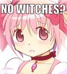  1girl aoki_ume_(style) bangs blush bow bow_choker choker commentary crown dreamaruu english_commentary english_text highres impact_(font) kaname_madoka looking_at_viewer mahou_shoujo_madoka_magica meme no_bitches?_(meme) official_style pink_eyes pink_hair portrait puffy_short_sleeves puffy_sleeves red_bow red_choker short_sleeves short_twintails solo soul_gem twintails 