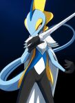  armor bright_pupils cape closed_mouth commentary hand_up highres holding holding_sword holding_weapon inteleon looking_at_viewer pokemon pokemon_(creature) solo sword weapon white_pupils yellow_eyes zymonasyh 