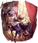  1girl absurdres animal book book_stack bookshelf chair curtains desk essual_(layer_world) glasses highres inkwell lamp looking_at_viewer open_book original pointy_ears quill red_eyes short_hair silver_hair smile solo stool 