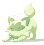  animal_focus cat closed_mouth commentary_request fangs fangs_out full_body highres no_humans pokemon pokemon_(creature) simple_background solo sprigatito stretch suchi_(fsur7444) top-down_bottom-up white_background 