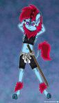  absurd_res anthro asian_mythology blossomblaze chinese_mythology clothing east_asian_mythology fan_character female freckles hair hands_behind_head hasbro hi_res horn humanoid kirin looking_at_viewer melee_weapon my_little_pony mythology scales short_hair solo spread_legs spreading sword weapon wings 