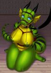  2022 anthro areola blue_eyes breasts deerstail digital_media_(artwork) dragon female genitals green_body green_scales hi_res horn looking_at_viewer nipples non-mammal_breasts nude pussy scales smile wingless_dragon 