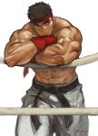  1boy abs artist_name bara belt black_belt black_hair brown_eyes closed_mouth gloves highres male_focus morry muscular muscular_male navel pants red_gloves ryu_(street_fighter) short_hair solo street_fighter white_pants 