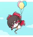  1girl ascot balloon bloomers blue_sky bow brown_eyes brown_footwear brown_hair character_doll cloud collar detached_sleeves doll floating frilled_hair_tubes frills fumo_(doll) gohei hair_bow hair_tubes hakurei_reimu medium_hair nontraditional_miko red_bow red_eyes red_shirt red_skirt rei_(tonbo0430) ribbon-trimmed_sleeves ribbon_trim shirt sidelocks skirt skirt_set sky sleeveless solo touhou underwear white_collar yellow_ascot 